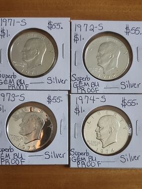 4 Eisenhower Silver Dollars (1971-1974 S) Proof Silver